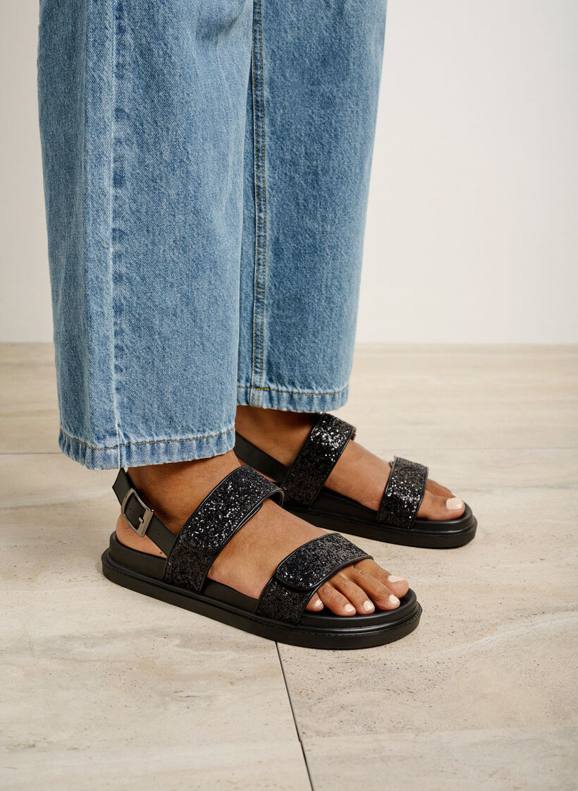 Sandale pied large à paillettes avec fermeture velcro, Black Glitter, Image