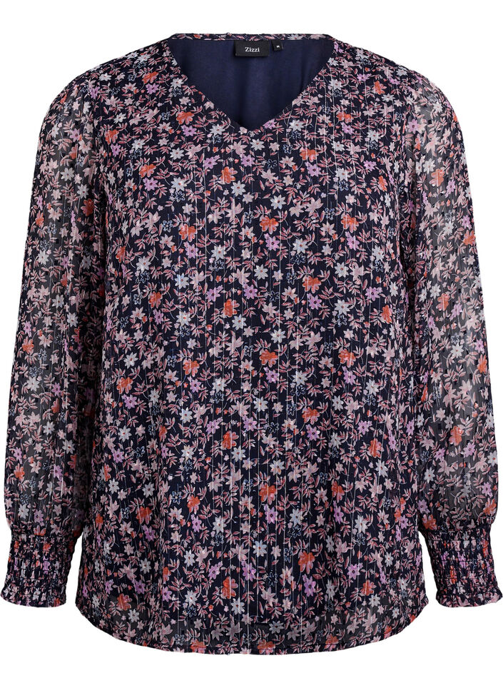 Blouse met bloemenprint en glitterdraad, Blauw, Packshot image number 0