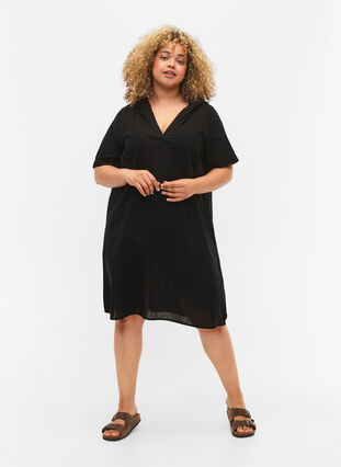 Robe à capuche en coton mélangé et lin, Black, Model image number 2
