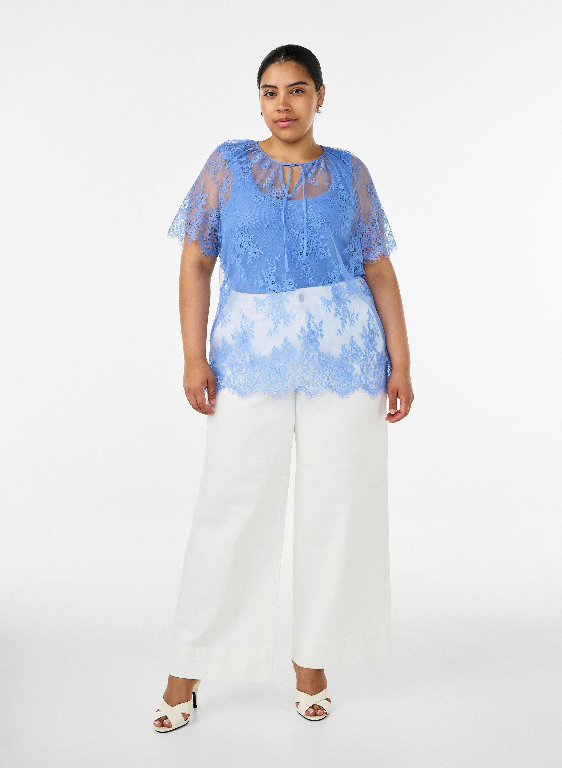 ZizziKorte mouwen kanten blouse met striksluiting, Paars, Model image number 1