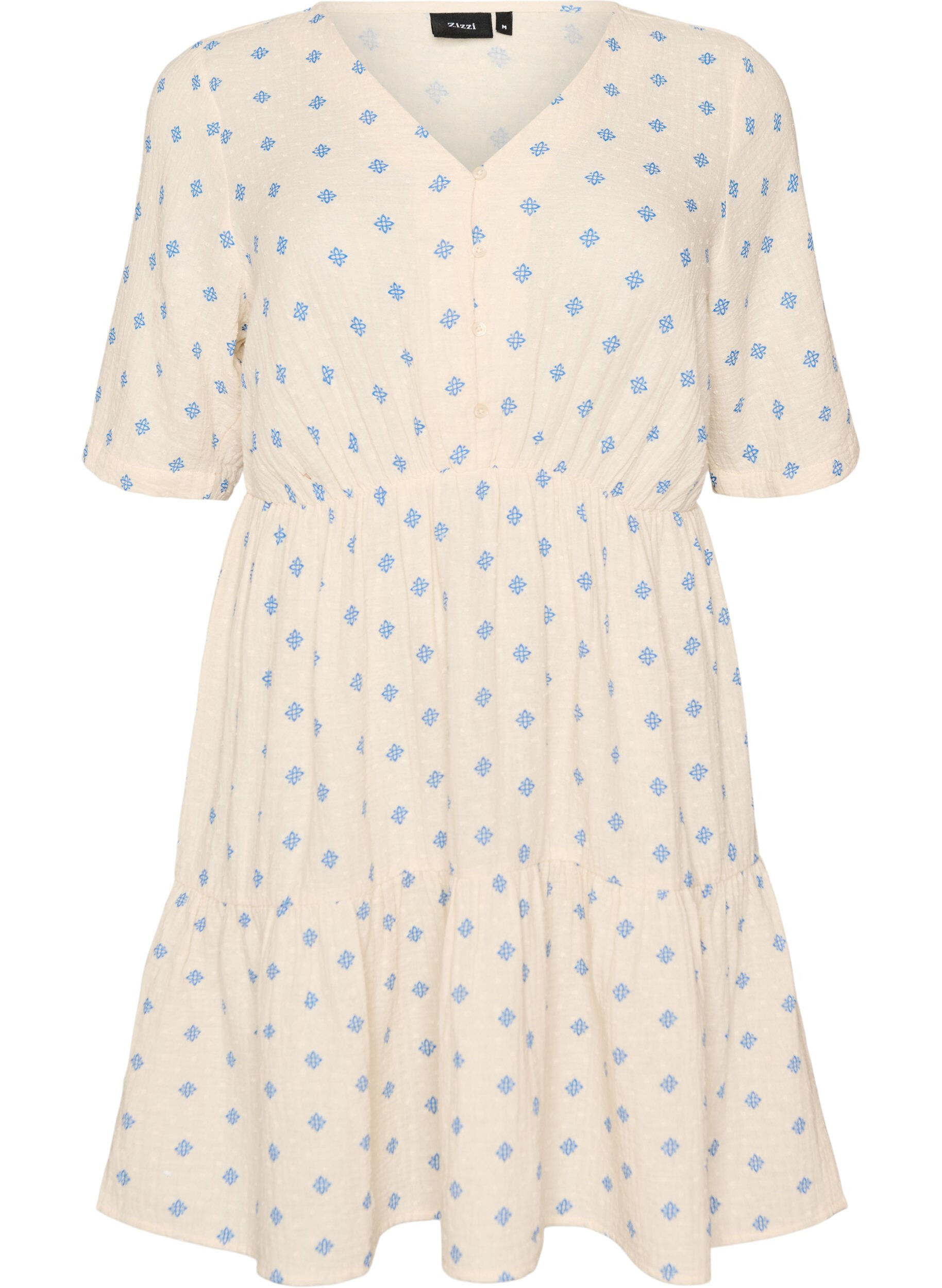 ZizziGebloemde katoenen jurk met een elastische taille, Beige, Packshot image number 0