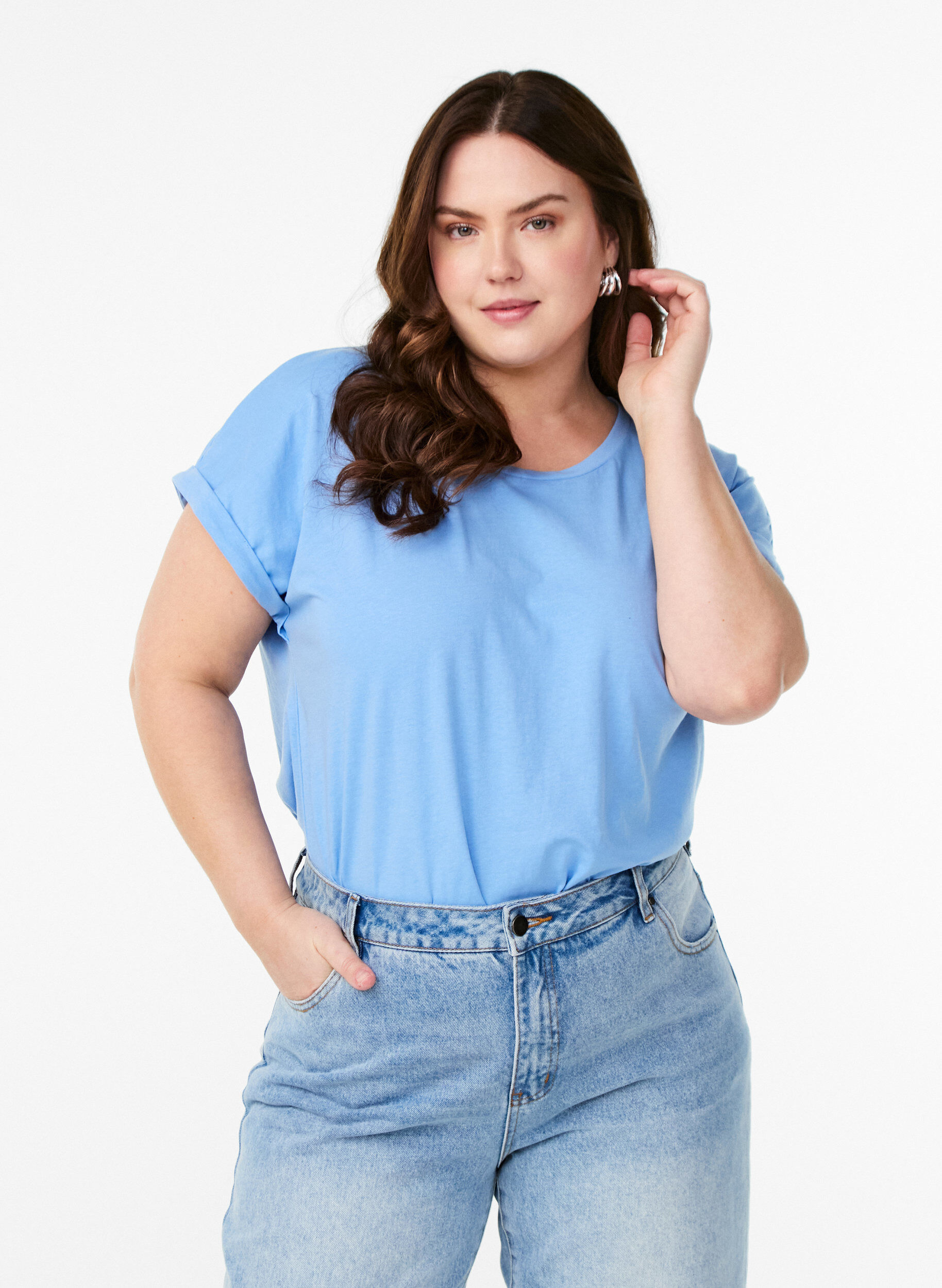 Zizzi T-shirt &agrave; manches courtes en m&eacute;lange de coton, Bleu Clair, Model image number 0