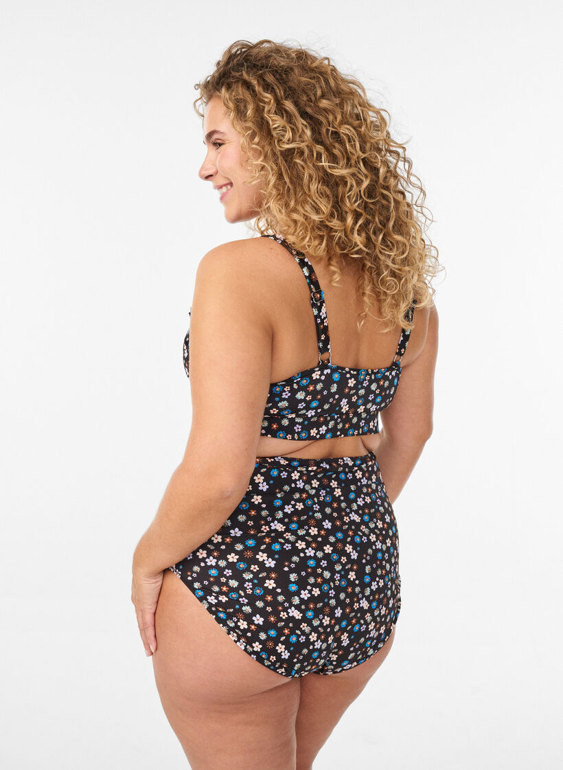 Culotte de bikini taille très haute à imprimé floral, Marron, Model image number 1