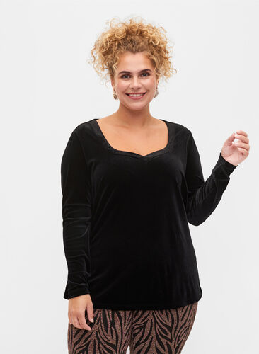 Velours blouse met lange mouwen, Black, Model image number 0