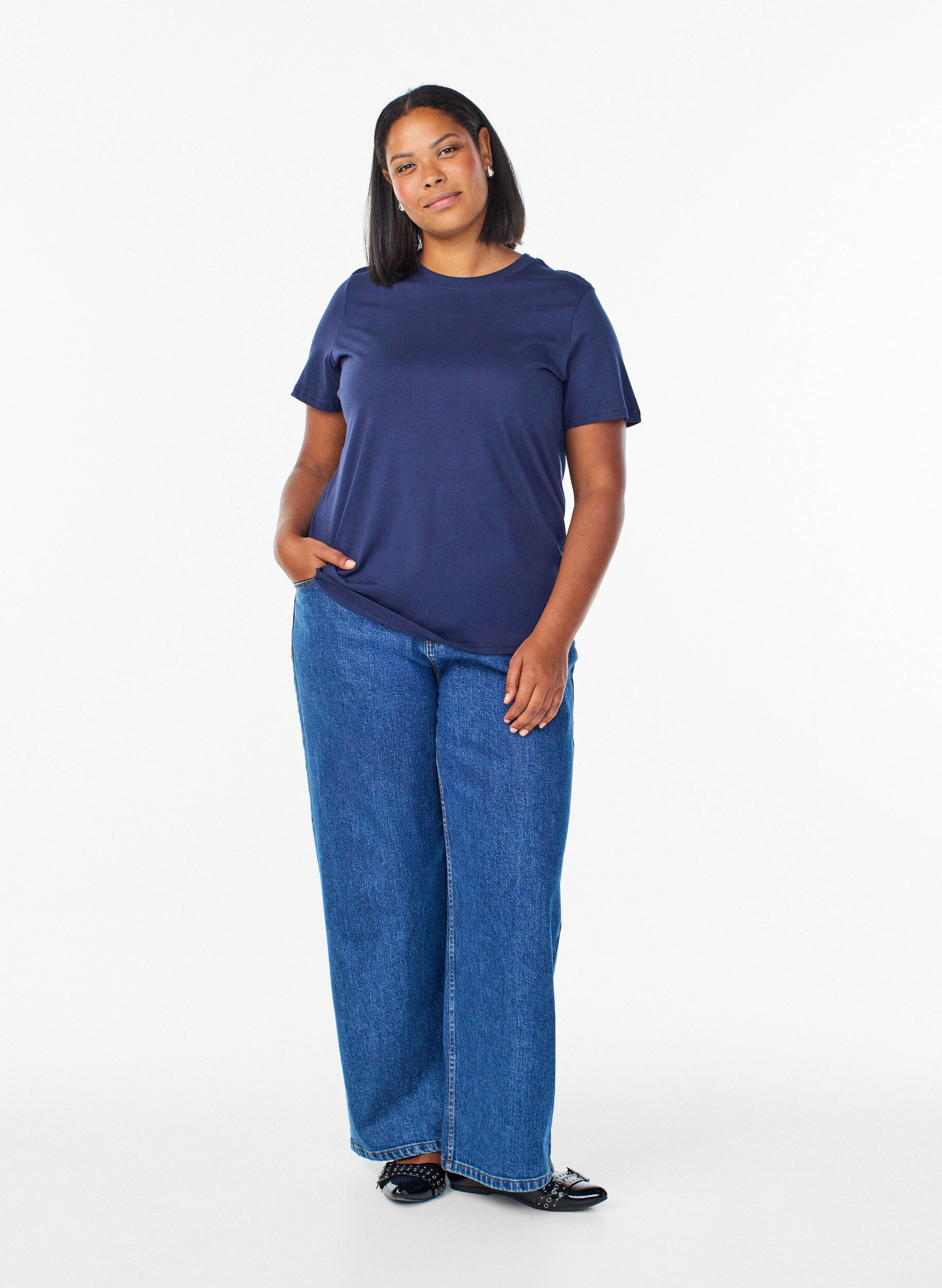 ZizziBasic katoenen T-shirt met ronde hals, Blauw, Model image number 1