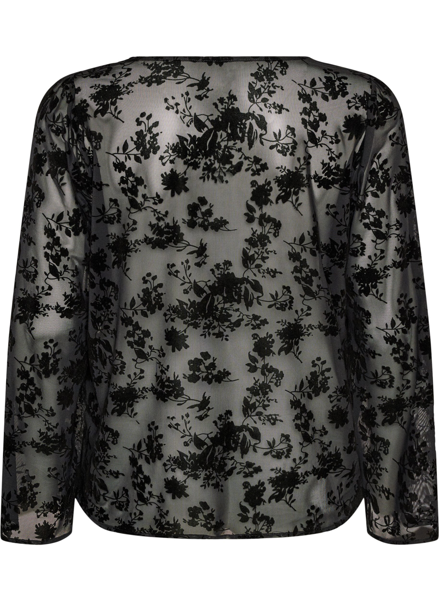 ZizziBlouse en maille ouverte devant avec motif floral, Noir, Packshot image number 1