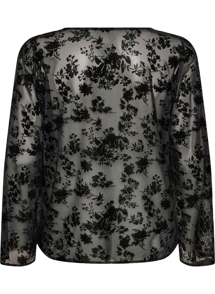 Blouse en maille ouverte devant avec motif floral, Noir, Packshot image number 1