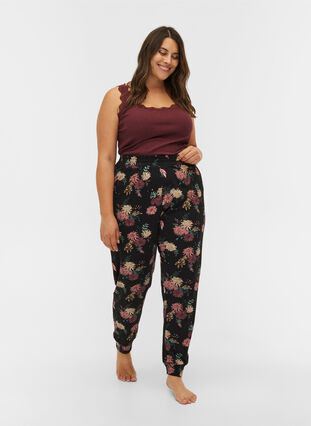 Pantalon de nuit imprimé en coton bio, Black AOP Flower, Model image number 0