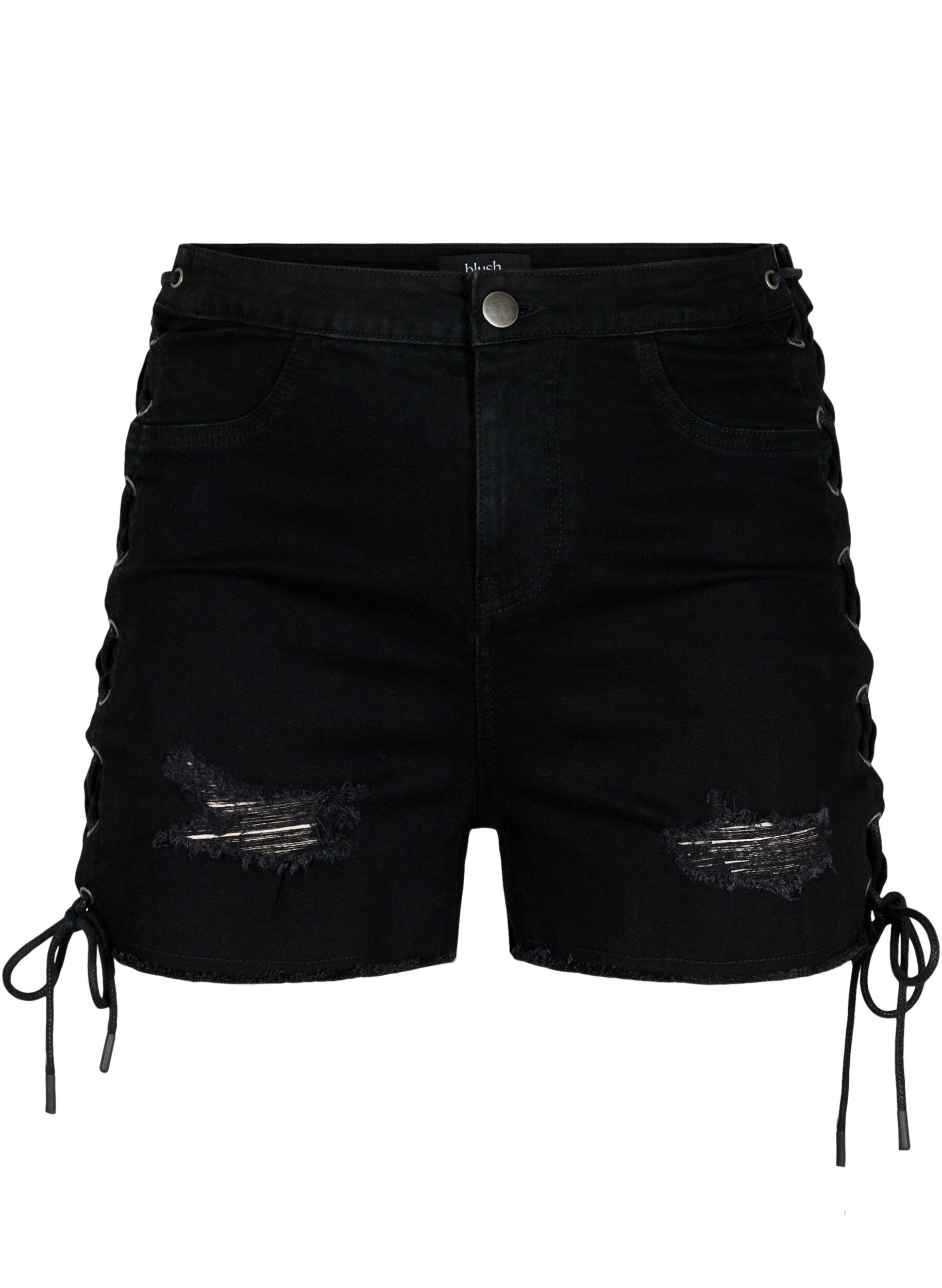 ZizziGescheurde denim shorts met trekkoord, Black Denim, Packshot image number 0