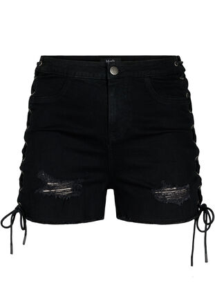 Korte spijkerbroek met veter details, Black Denim, Packshot image number 0
