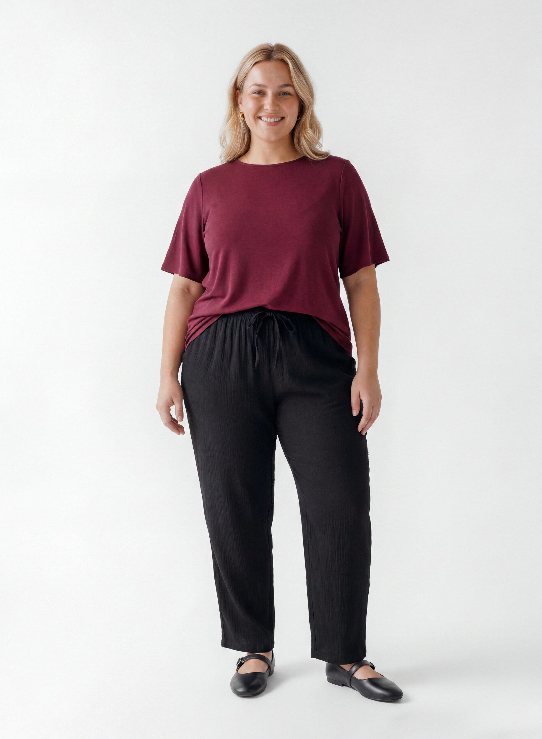 ZizziGeweven blouse met korte mouwen en ronde hals, Rood, Model image number 1