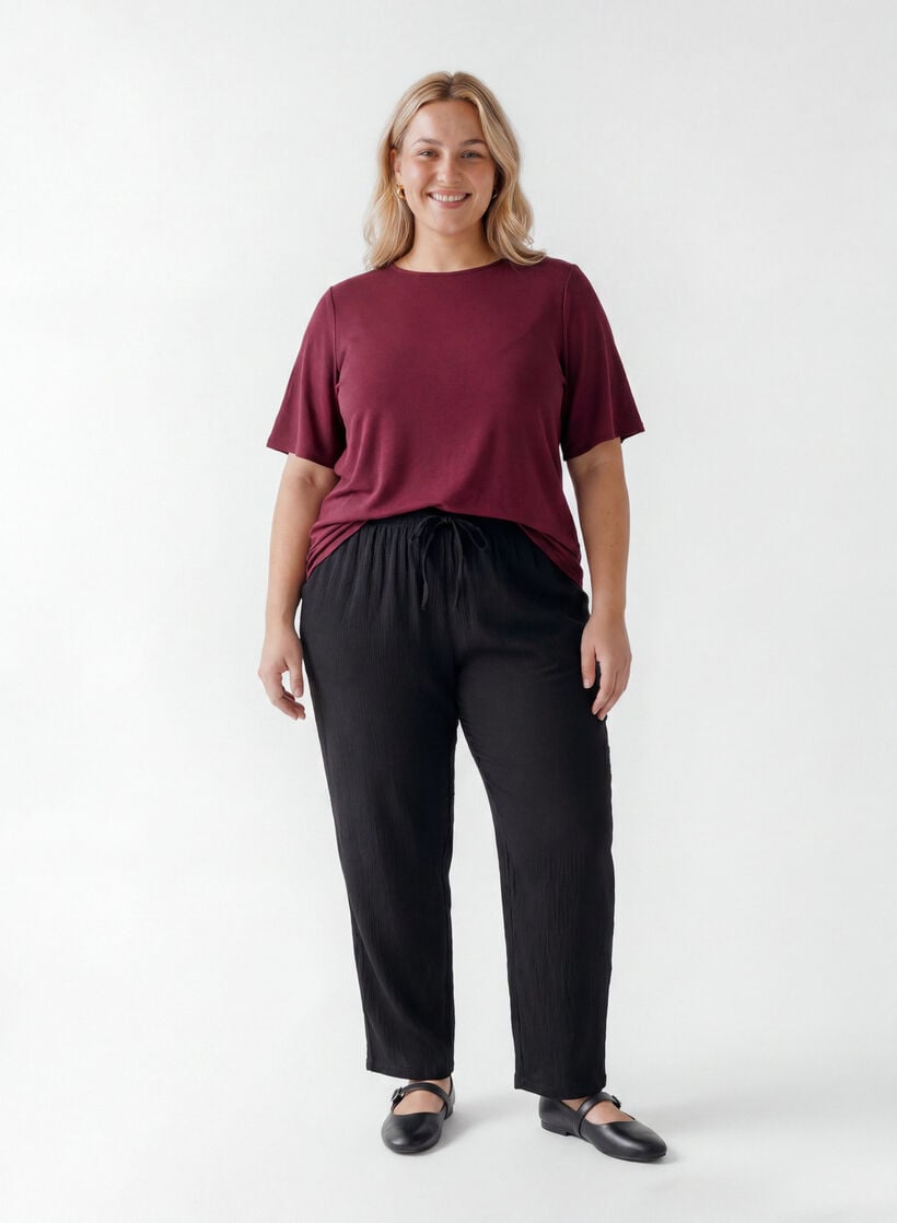 Geweven blouse met korte mouwen en ronde hals, Rood, Model image number 1
