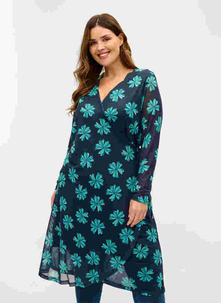 Robe en maille imprimée avec écharpe, Night Sky w Green , Model image number 0