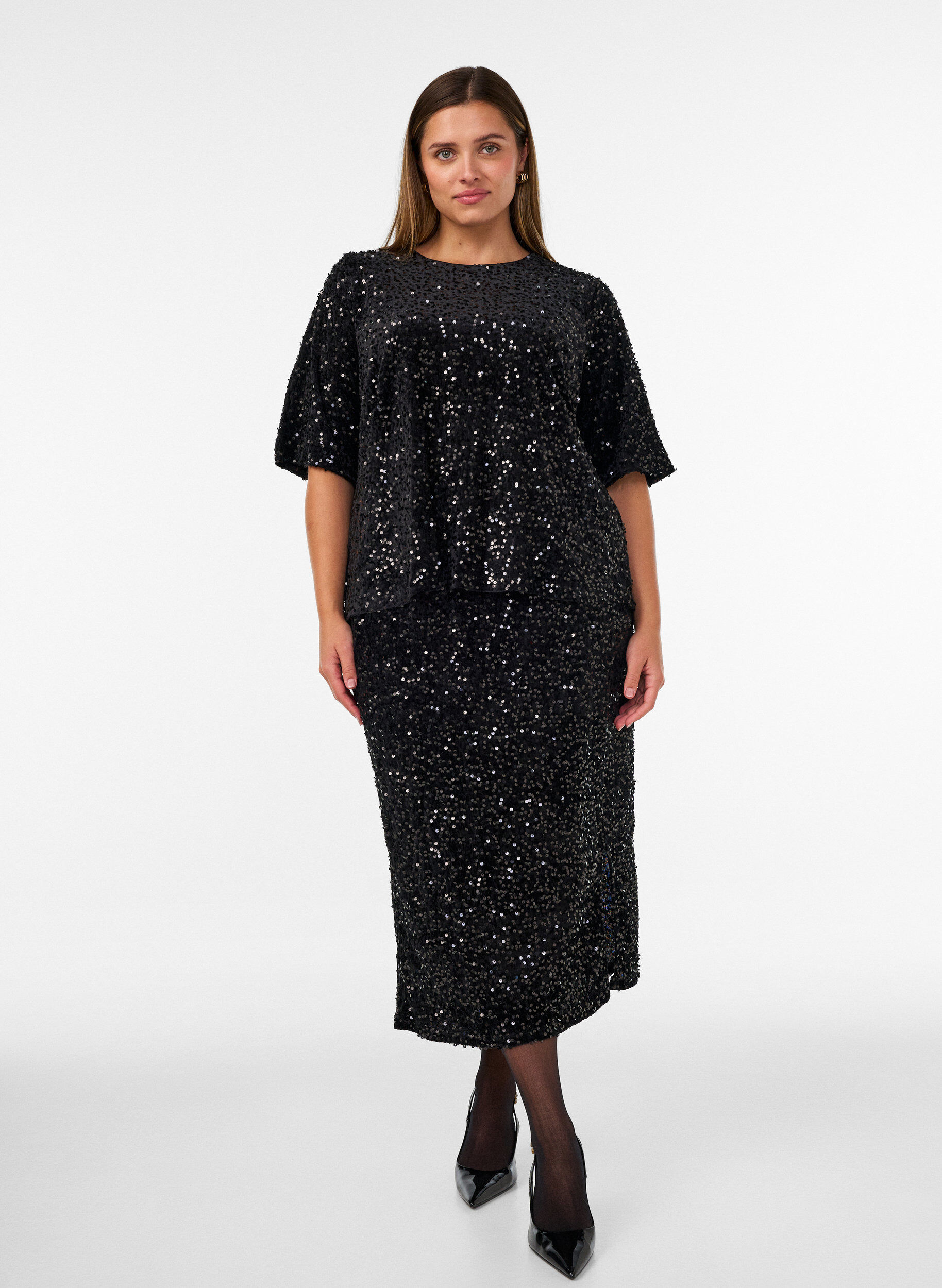ZizziMidirok met pailletten en splitten, Zwart, Model image number 0
