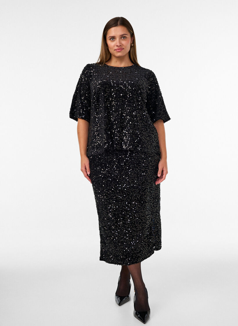 Midirok met pailletten en splitten, Zwart, Model image number 0