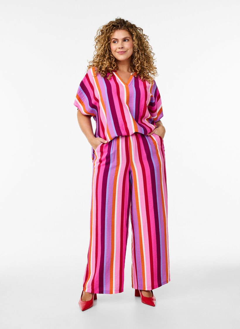 Chemisier en viscose ray&eacute; &agrave; manches courtes, Rose, Model image number 1