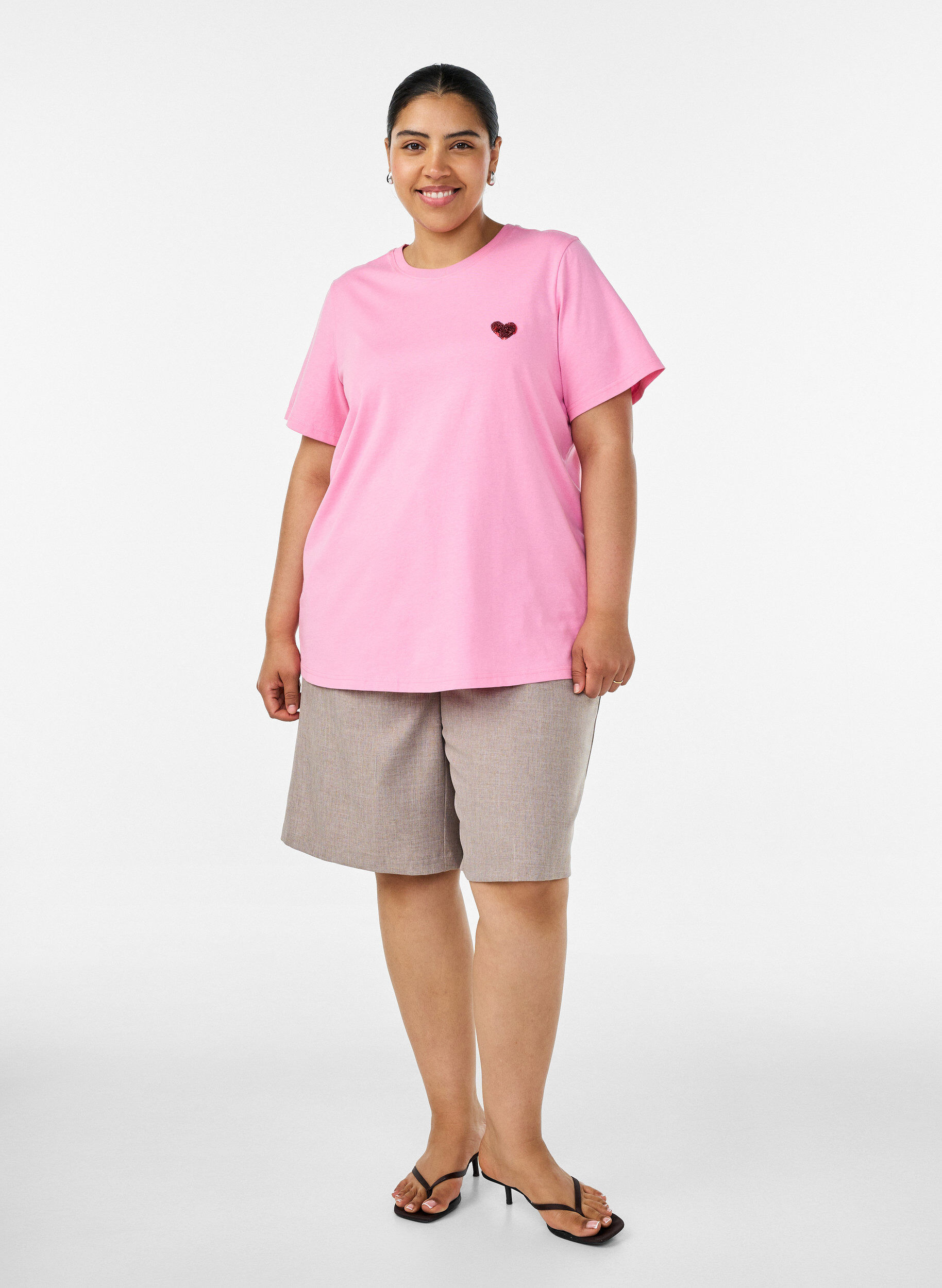 ZizziT-shirt met pailletten hart en kleurrijke achterprint, Roze, Model image number 1