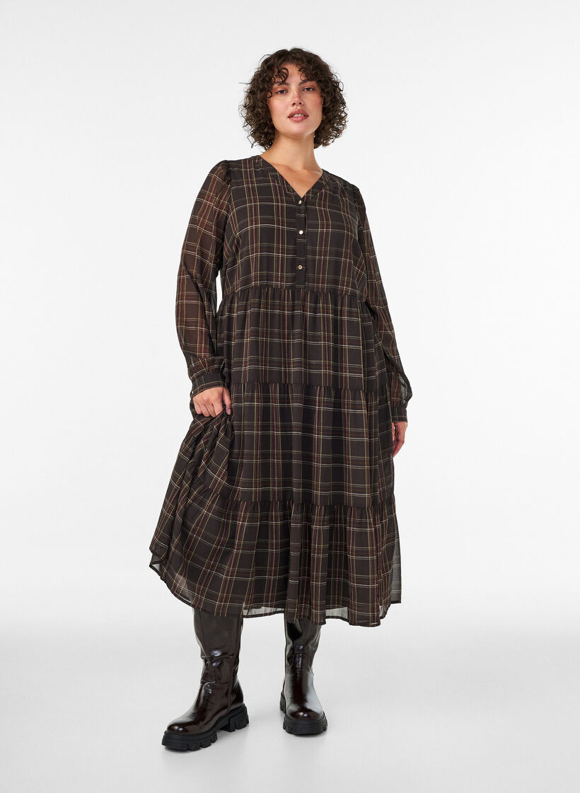 Gecontroleerde midi-jurk met een rok in lagen, Bruin, Model image number 0