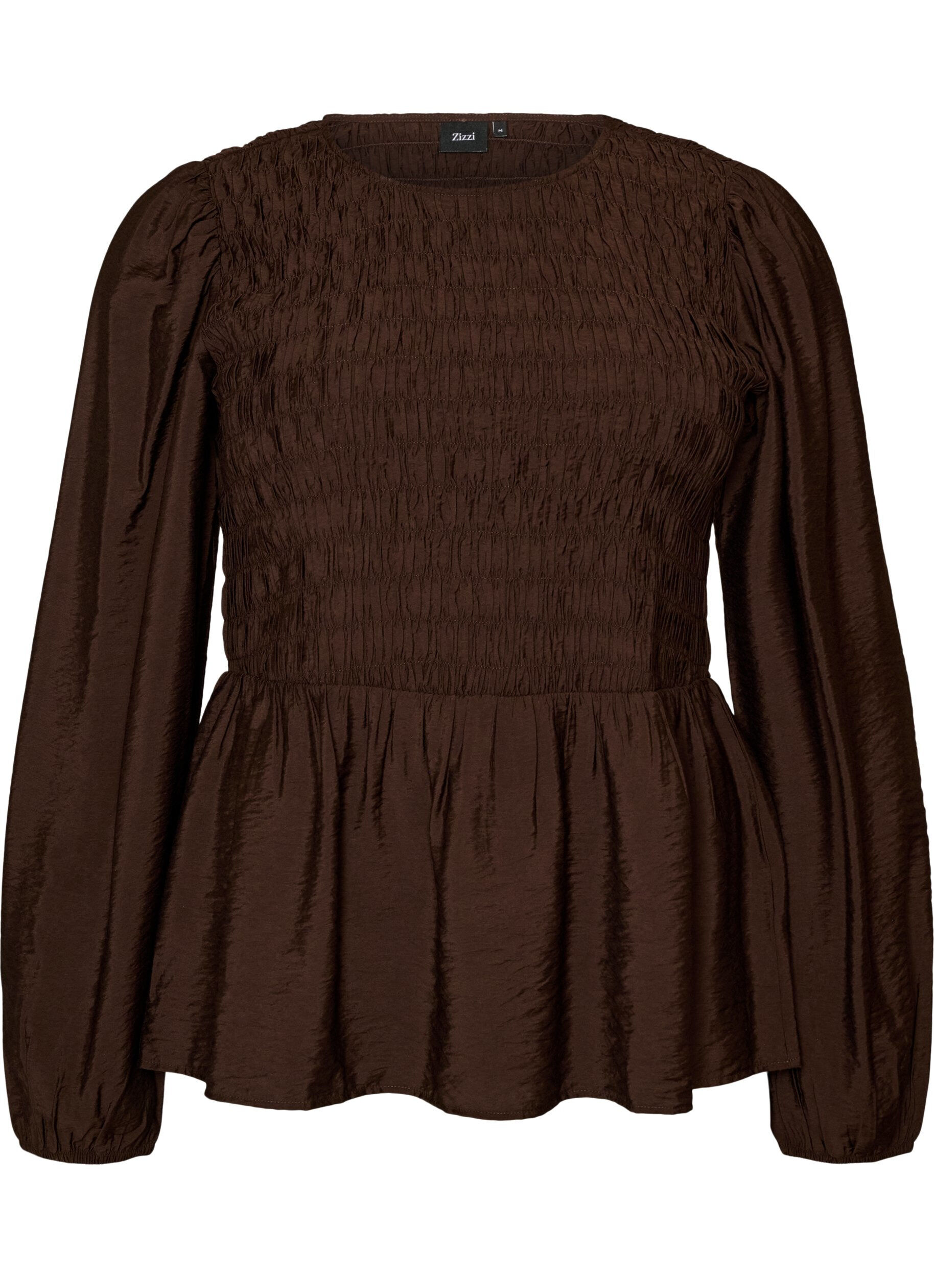 ZizziBlouse met smock en lange mouwen, Bruin, Packshot image number 0