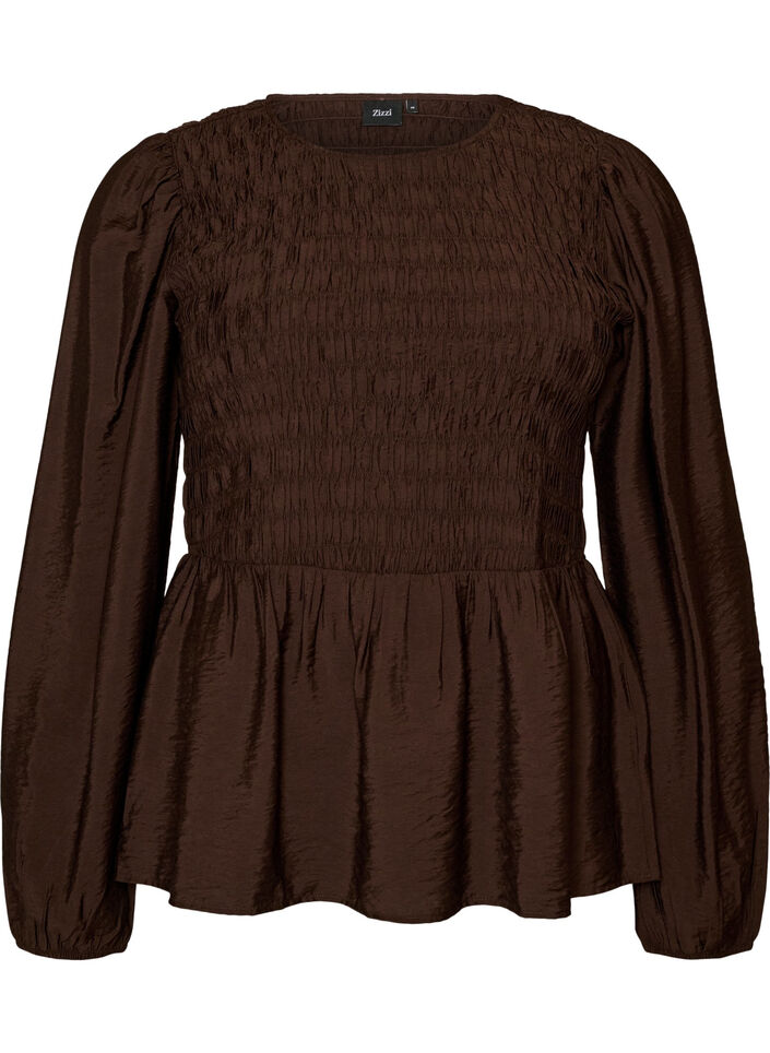 Blouse met smock en lange mouwen, Bruin, Packshot image number 0