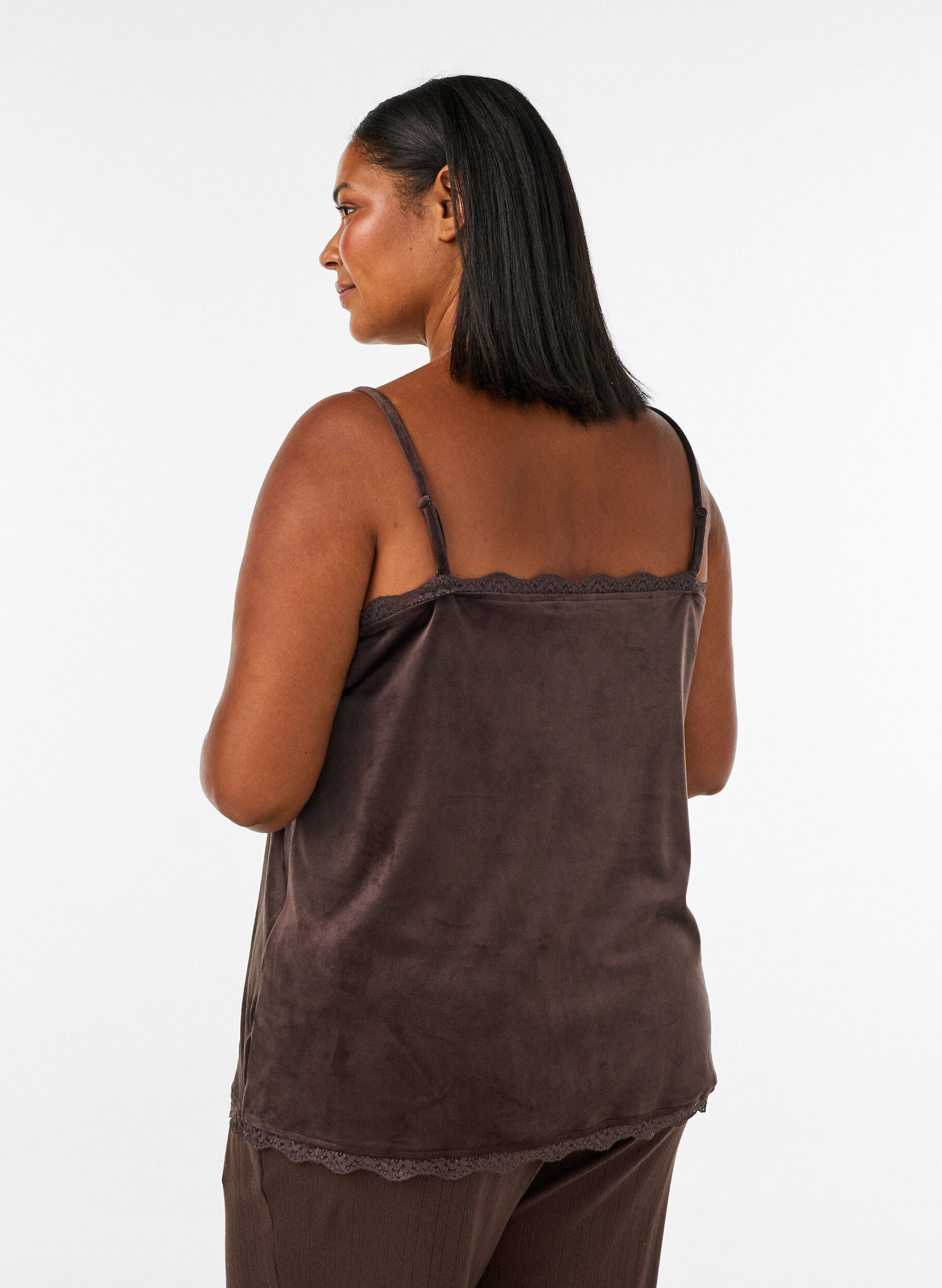 ZizziVelour top met kanten rand, Bruin, Model image number 2