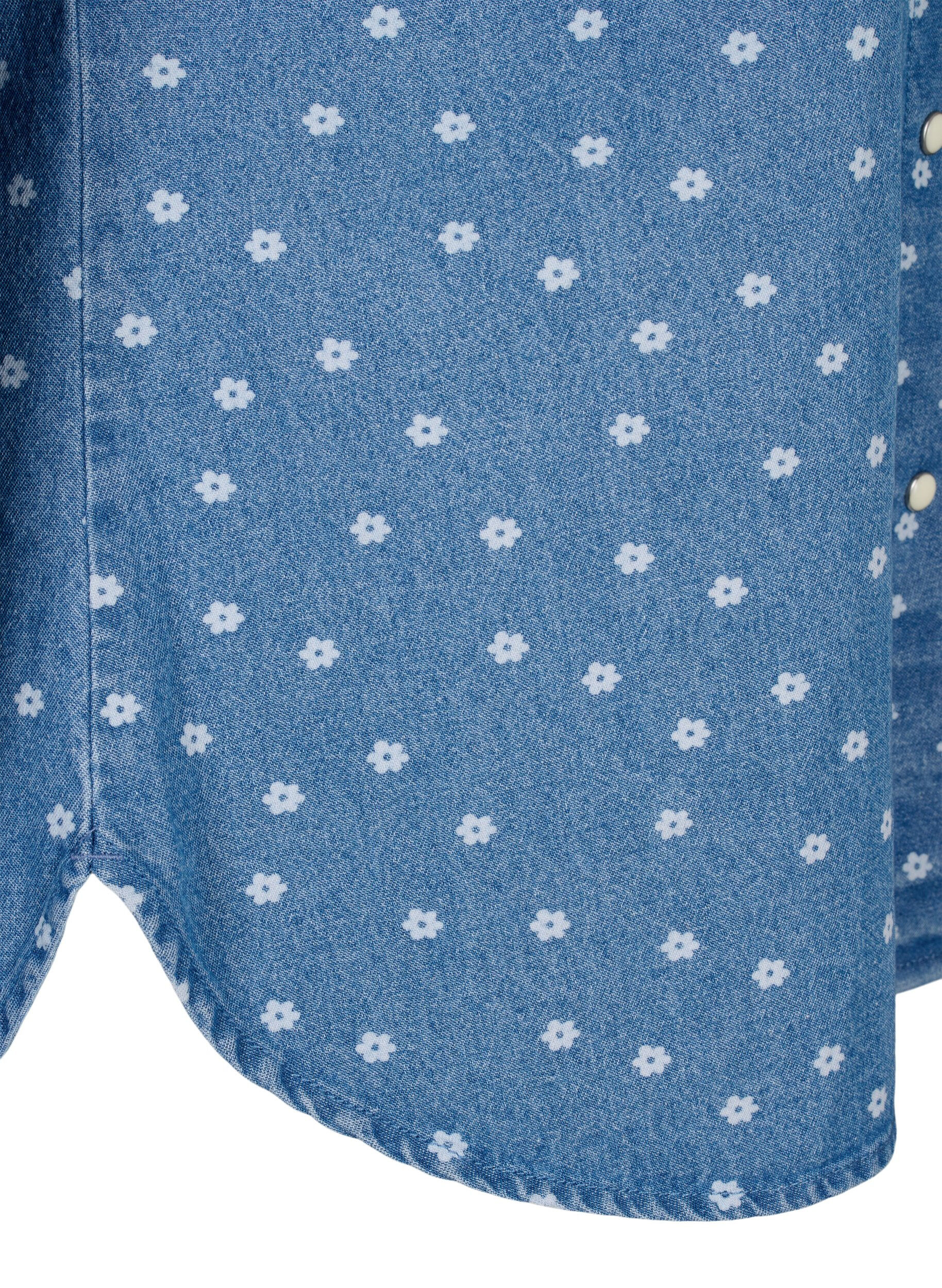 ZizziGebloemd denim overhemd met borstzak, Light Blue w.Flowers, Packshot image number 3