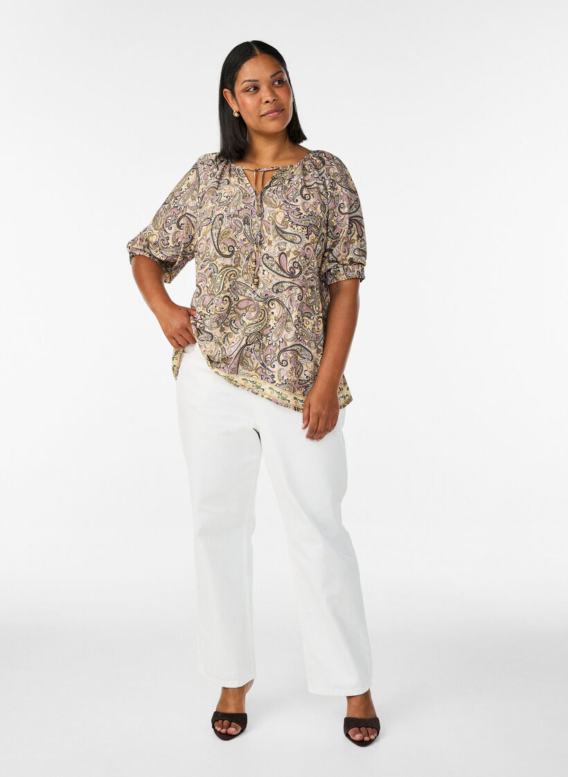 Viscose blouse met paisleyprint en strikkoord, Geel, Model image number 1