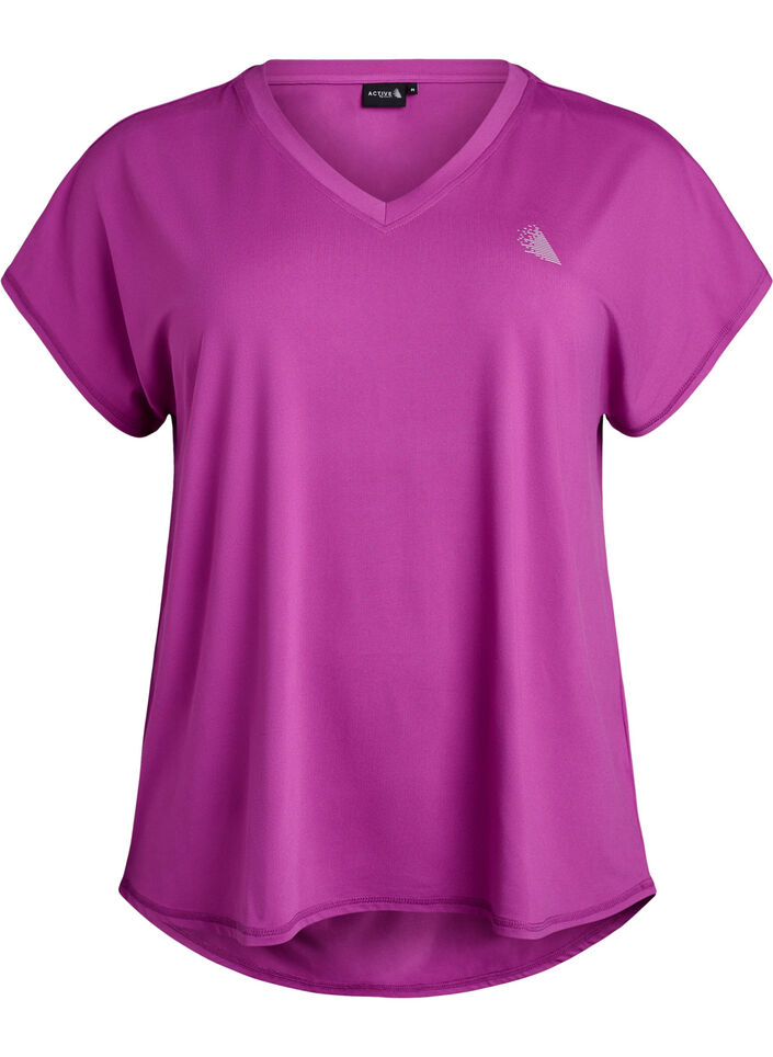 T-shirt de sport &agrave; manches courtes et col en V, Violet, Packshot image number 0