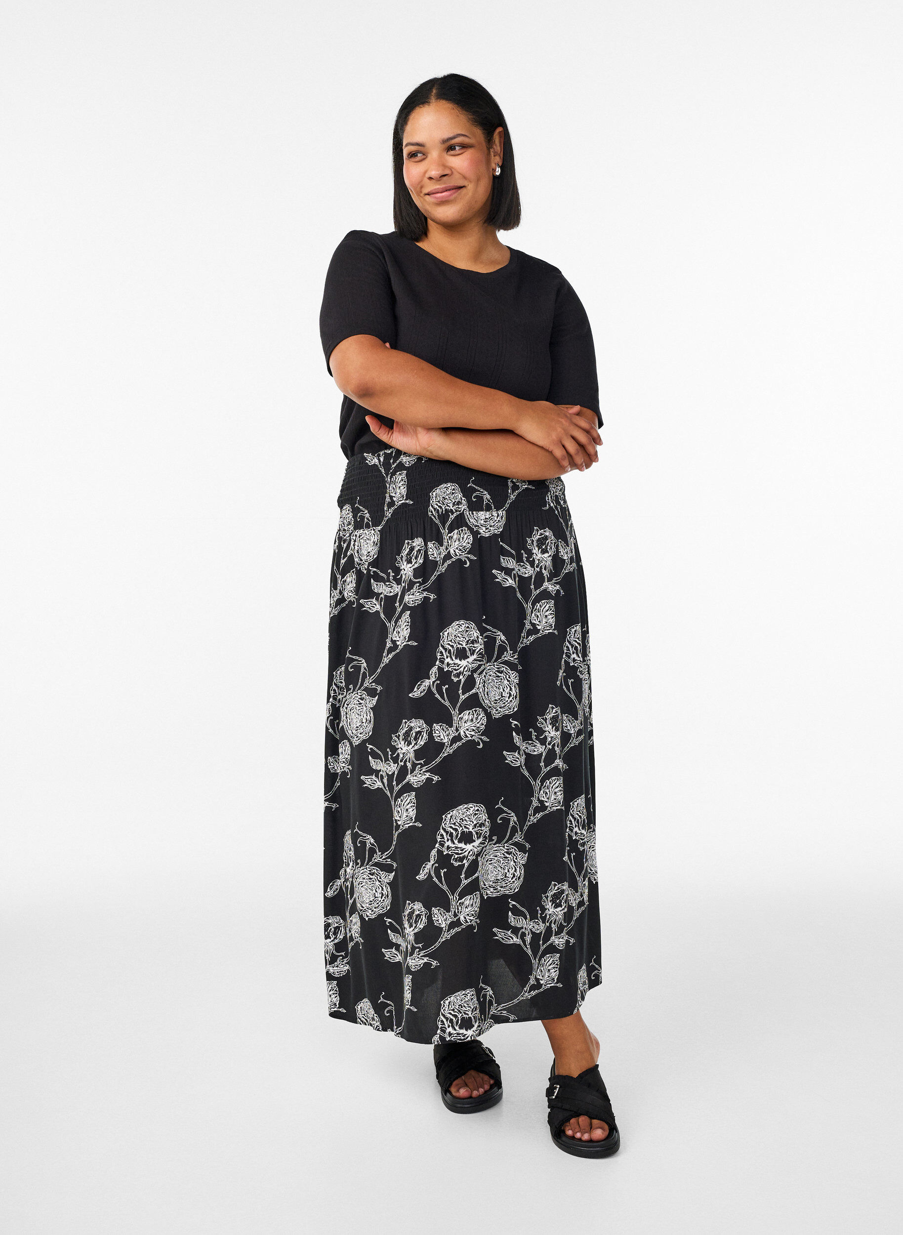 Viscose maxi-rok met smock, Zwart, Model