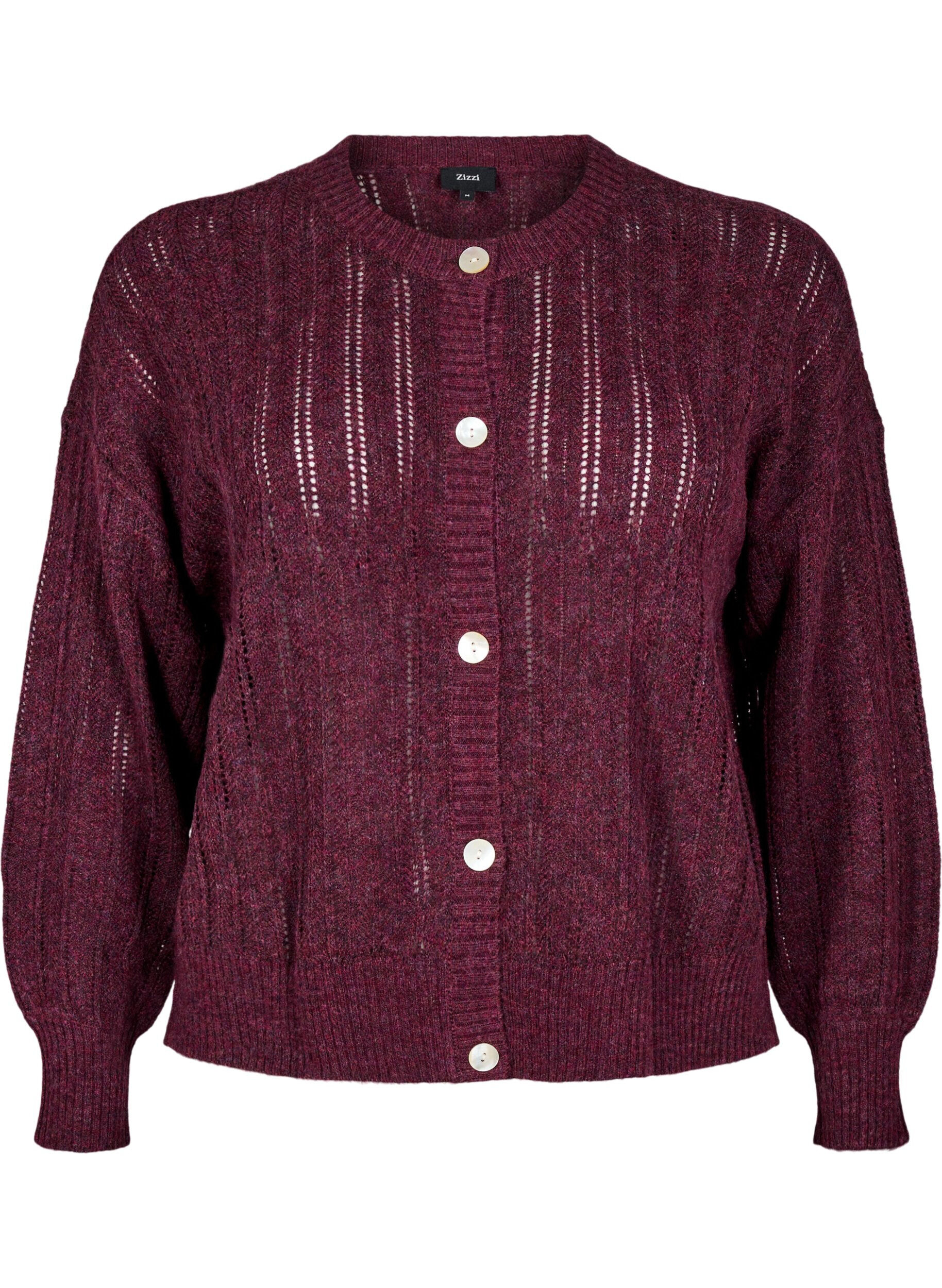 ZizziGebreide cardigan met opengewerkt patroon, Donker Bordeaux, Packshot image number 0