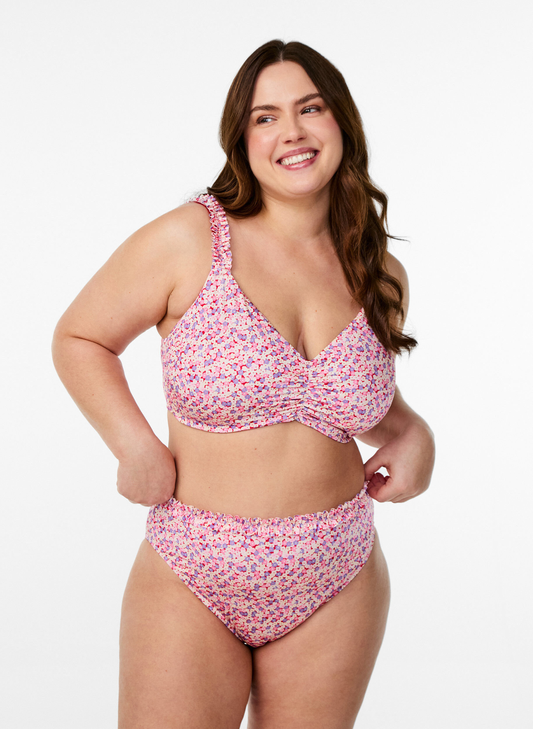 Bas de bikini tai &agrave; imprim&eacute; floral avec bord fronc&eacute;, Rose, Model
