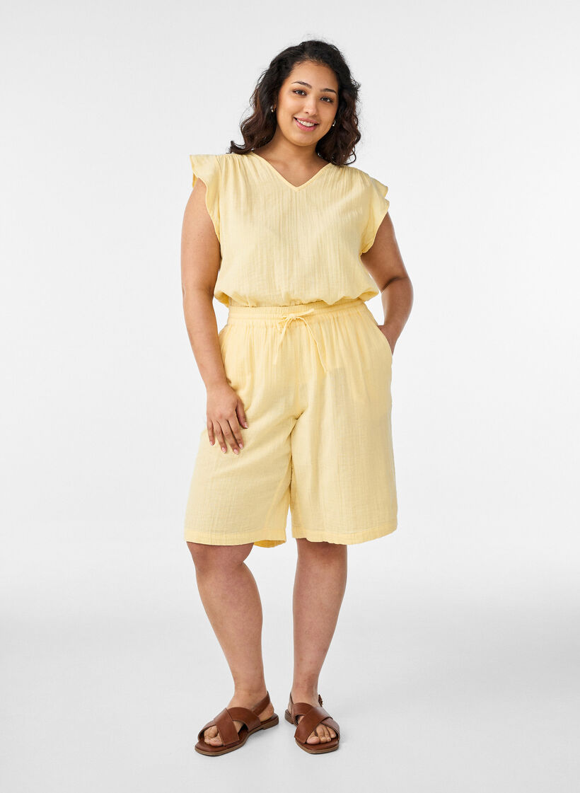 Top sans manches en mousseline de coton avec volants, Jaune clair, Model image number 1