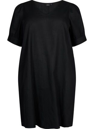 Robe à col en V en coton mélangé avec du lin, Black, Packshot image number 0