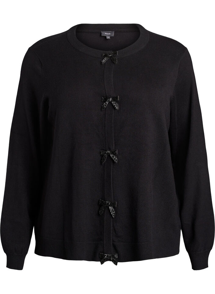 Cardigan met parelgeborduurde strikken en drukknoopjes, Zwart, Packshot image number 0