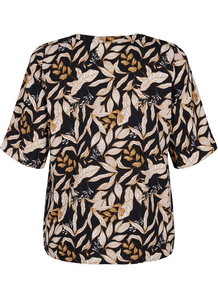 Blouse met V-hals en bladprint, Black Leaf AOP, Packshot image number 1