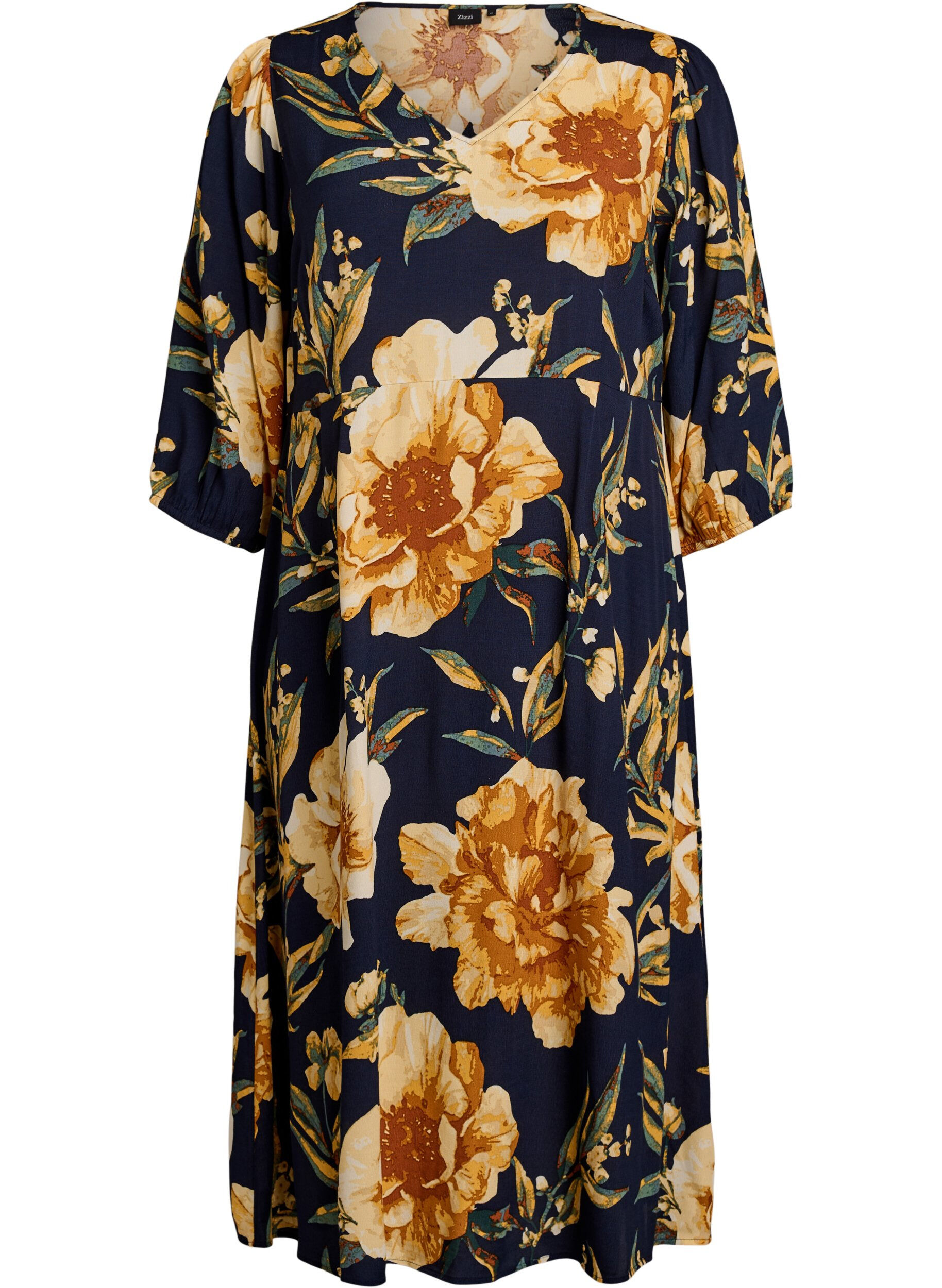 Zizzi Robe mi-longue avec imprim&eacute; floral et manches 3/4, Bleu, Packshot image number 0