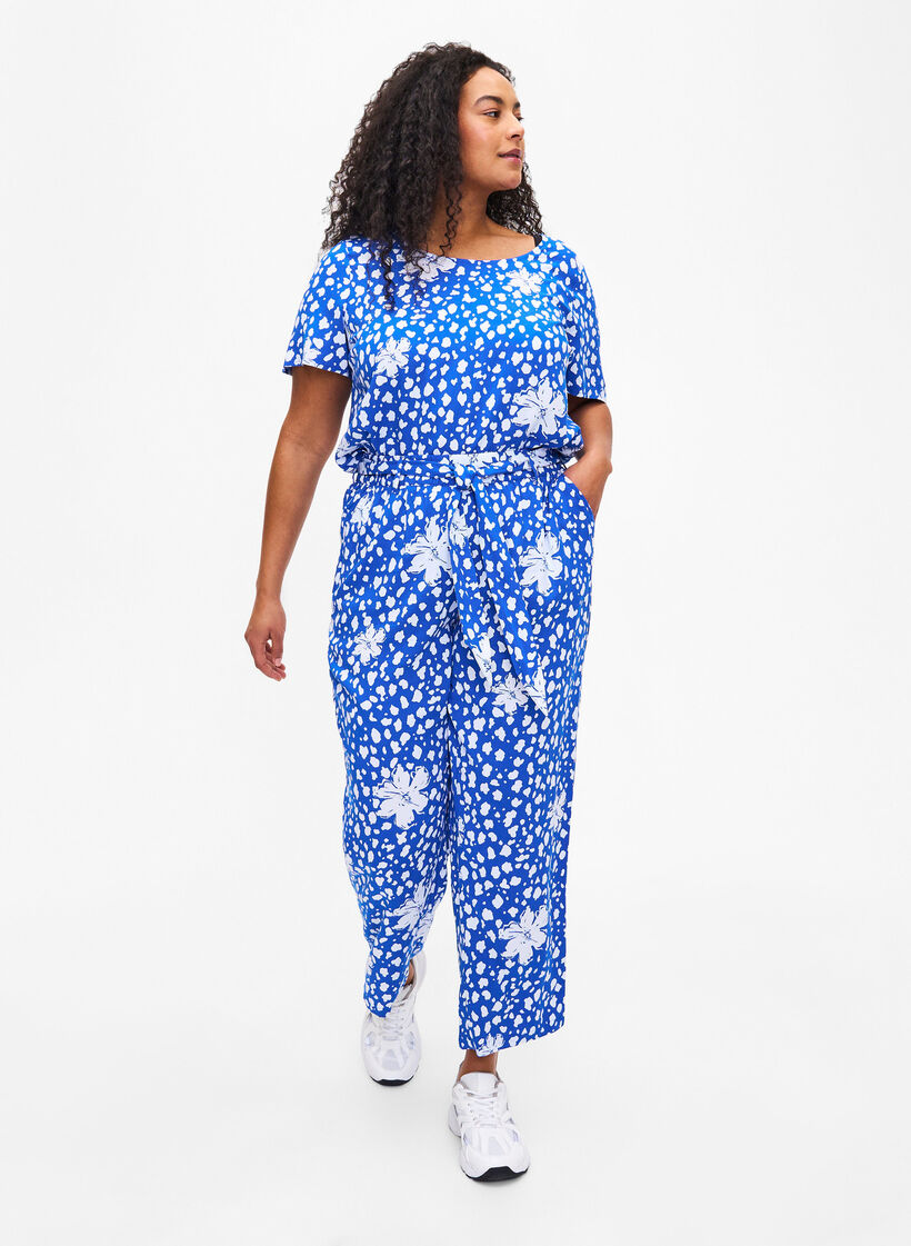 FLASH - Chemisier à manches courtes en viscose avec imprimé, Bleu, Model image number 1