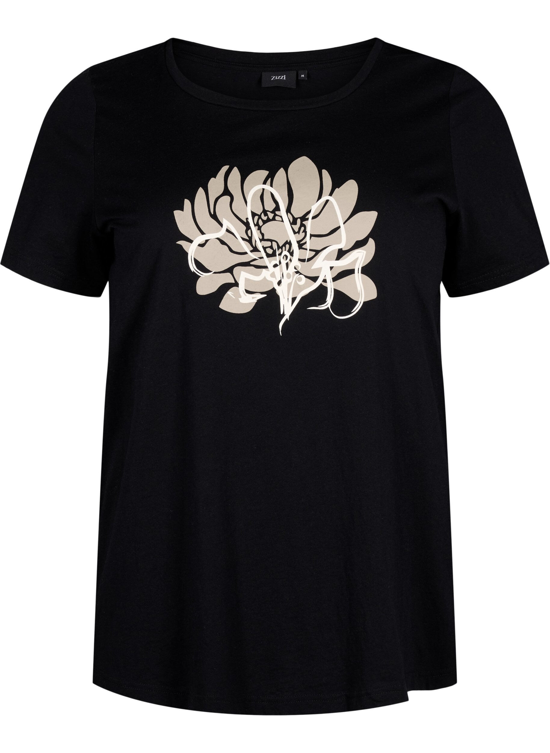 Zizzi T-shirt &agrave; motif, Black w. Flower, Packshot image number 0