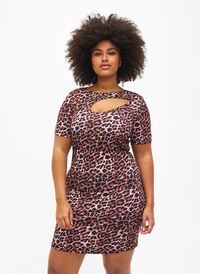 Nauwsluitende jurk met luipaardprint en een uitsnede, Leopard AOP, Model