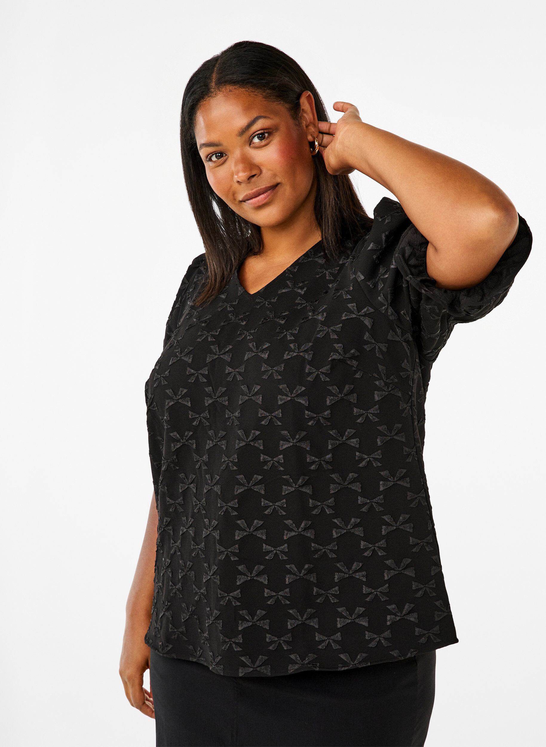 ZizziJacquard blouse met korte mouwen en strikjes, Black W. Bow, Model image number 0