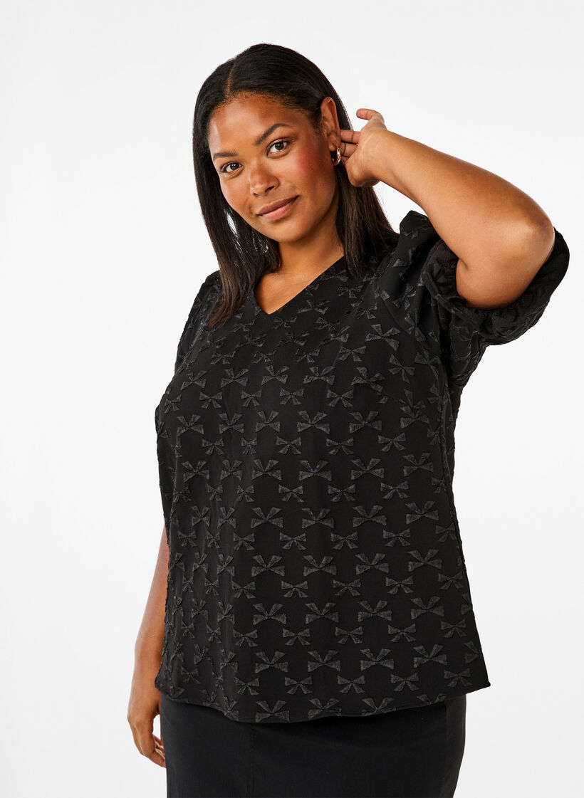 Jacquard blouse met korte mouwen en strikjes, Black W. Bow, Model image number 0