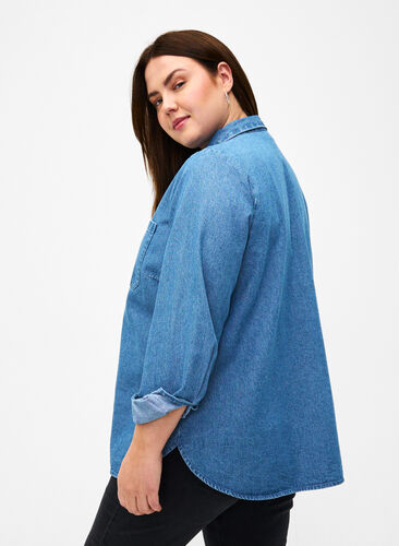 Gebloemd denim overhemd met borstzak, Light Blue Denim, Model image number 1