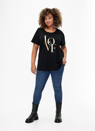 Katoenen T-shirt met goudkleurige tekst, Black w. Gold Love, Model image number 2