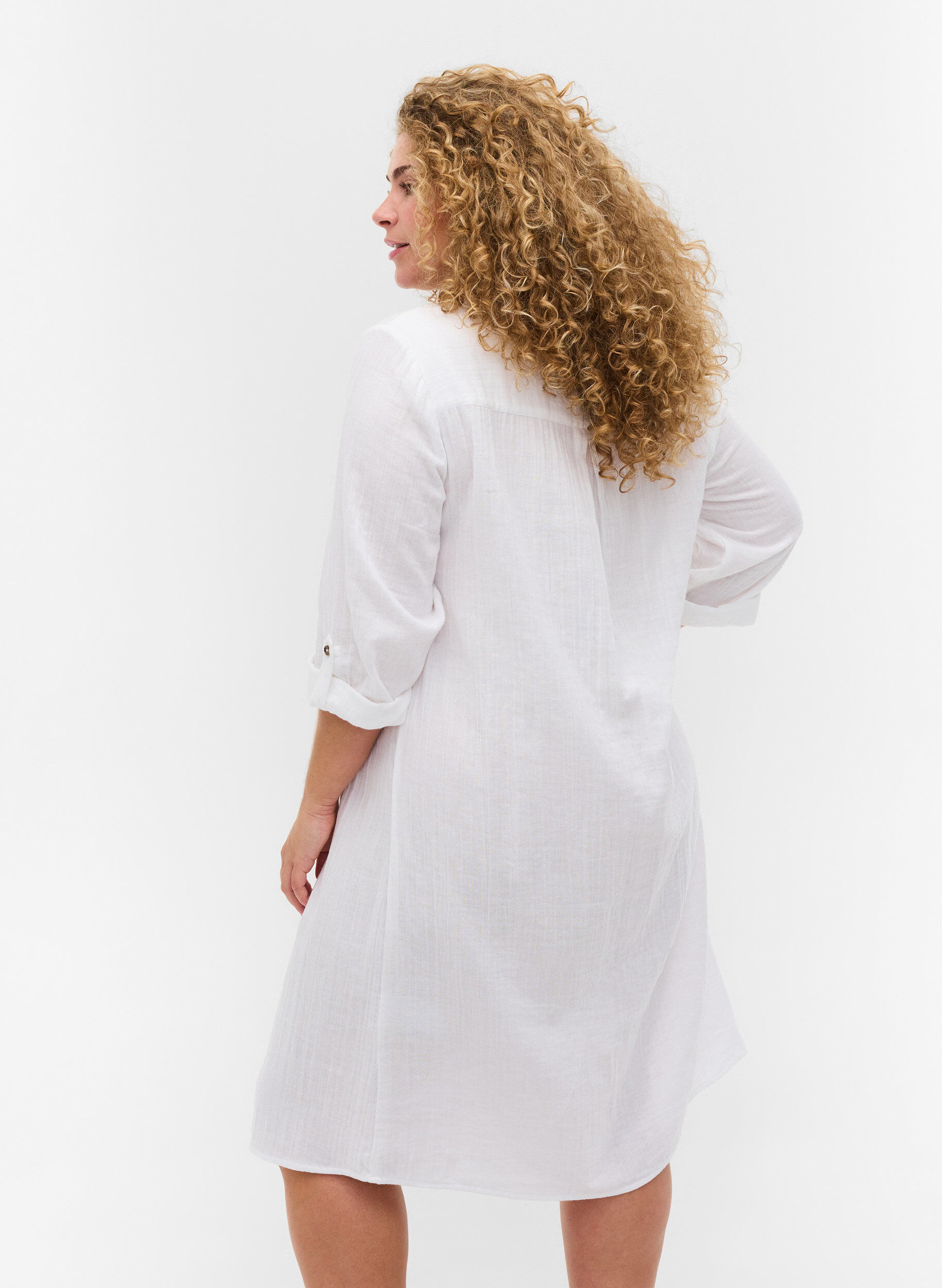 Zizzi Robe en coton &agrave; manches 3/4, Bright White, Model image number 1