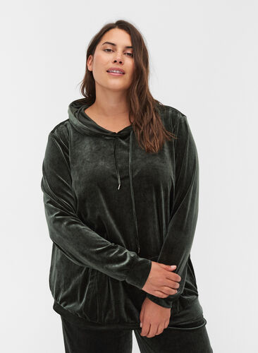 Sweatshirt in velours met capuchon en zak, Forest Night, Model image number 0