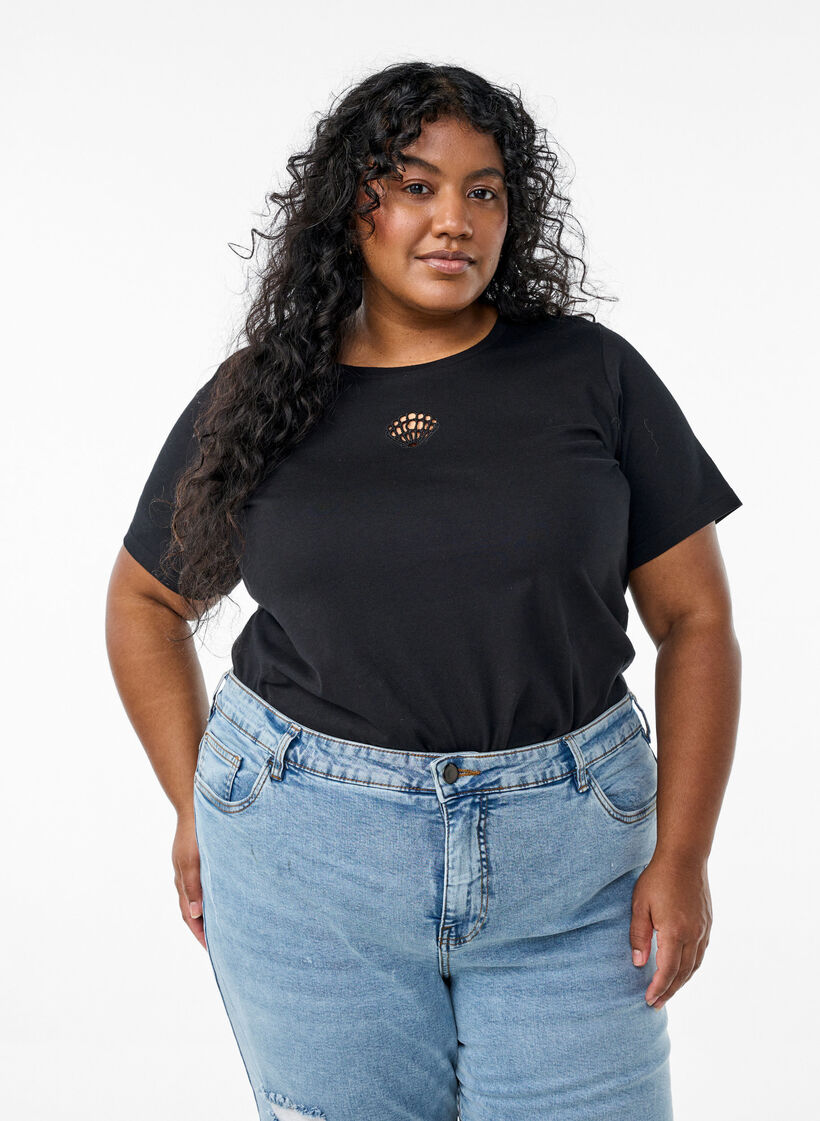 T-shirt avec détails décoratifs, Noir, Model image number 0