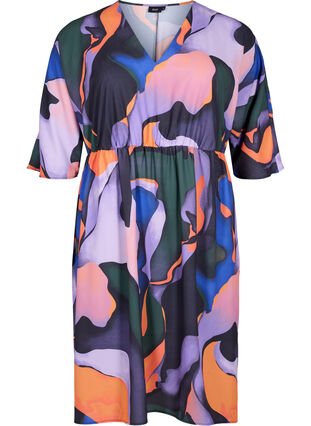 Midi-jurk met v-hals in gekleurde print, Big Scale Print, Packshot image number 0