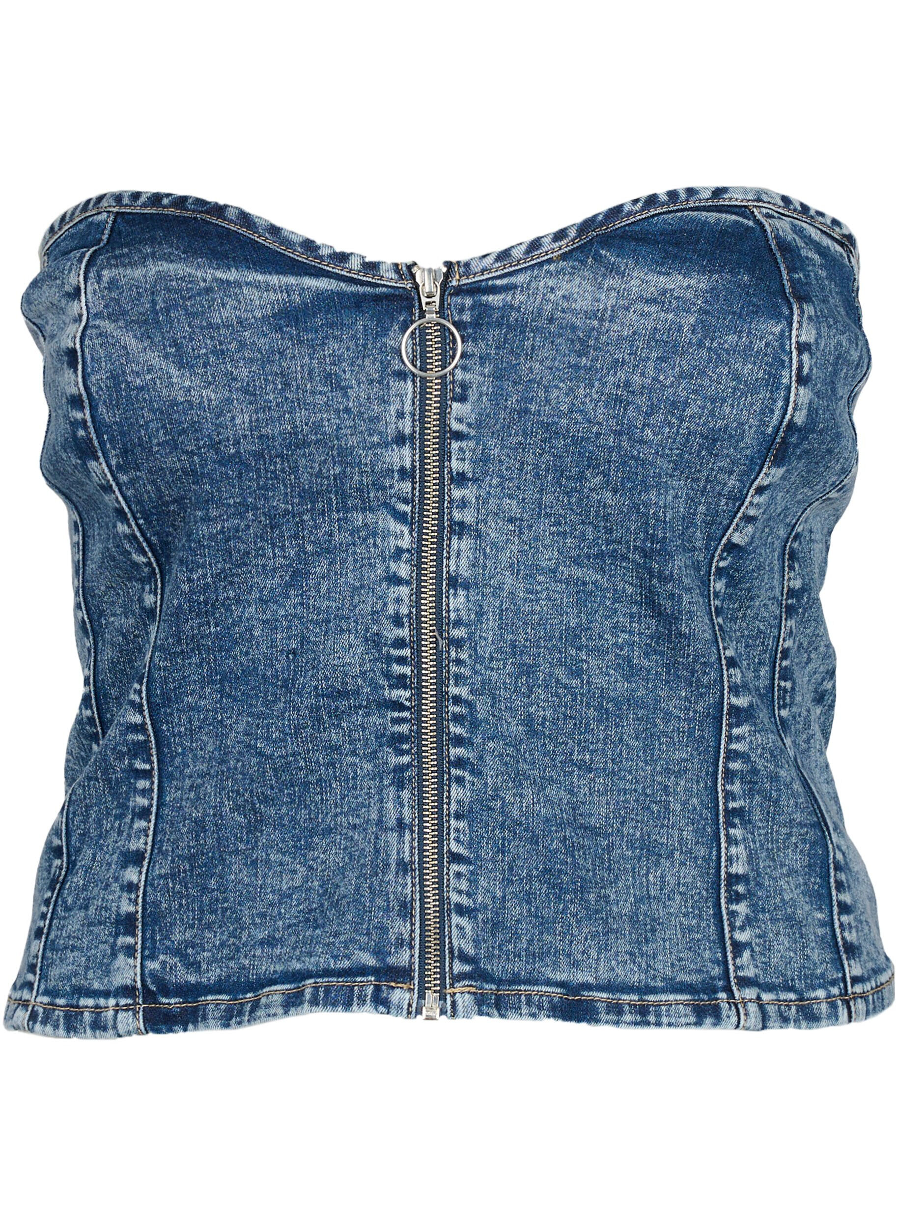 ZizziDenim korset top met rits, Blue denim, Packshot image number 0