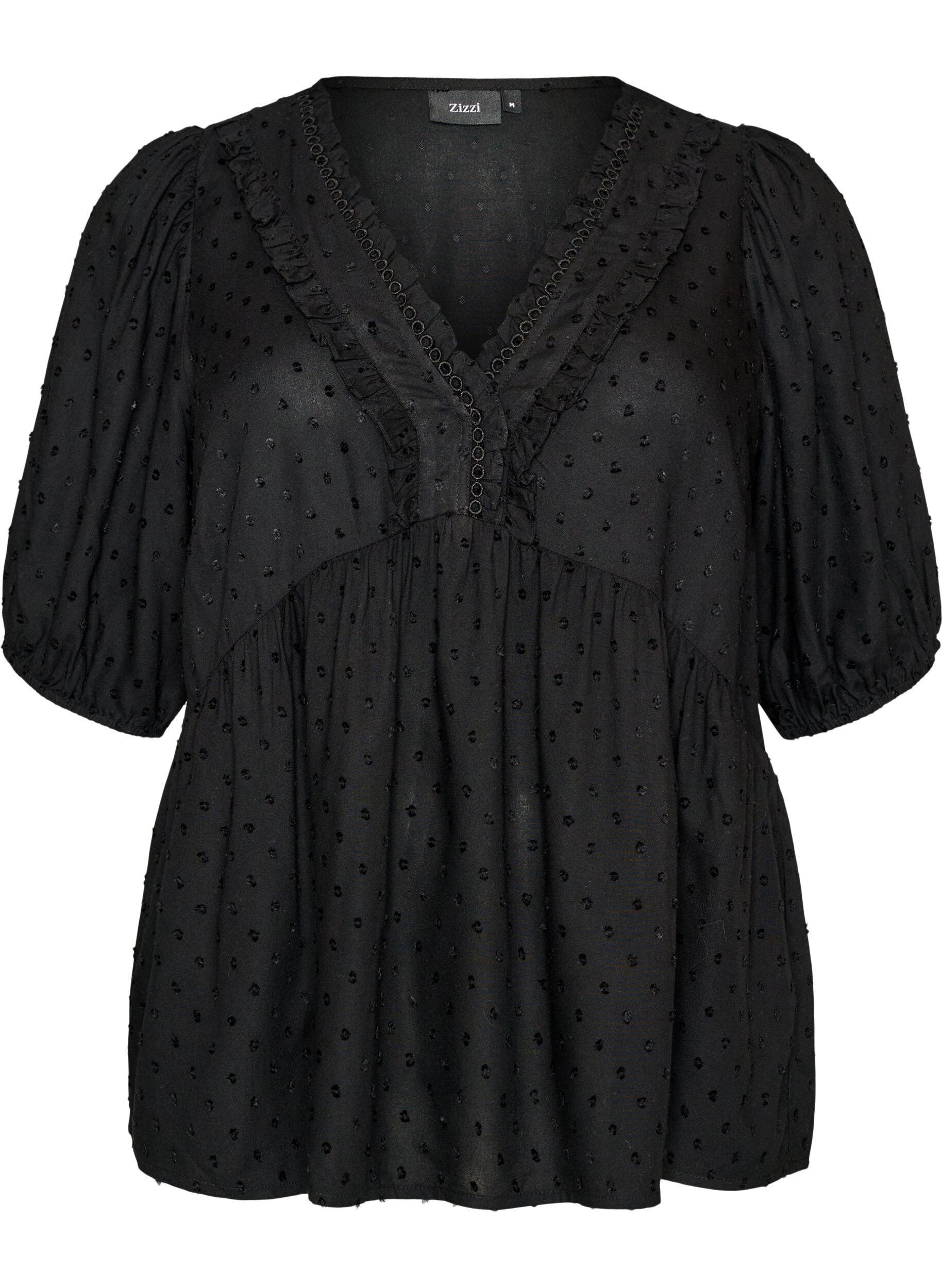 ZizziViscose blouse met een stippenstructuur en V-hals, Zwart, Packshot image number 0