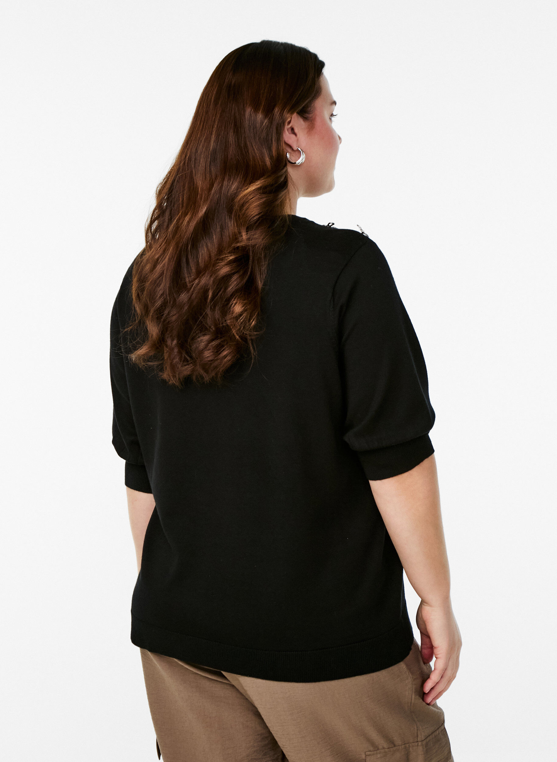 ZizziGebreide blouse met korte mouwen en kleine strikken, Zwart, Model image number 2